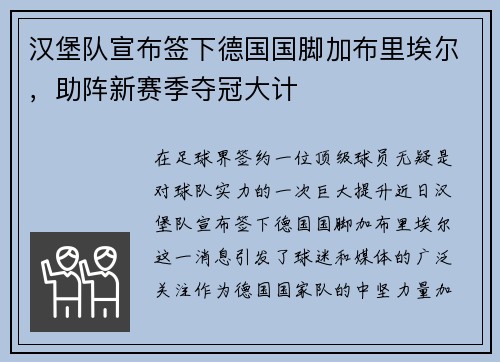 汉堡队宣布签下德国国脚加布里埃尔，助阵新赛季夺冠大计