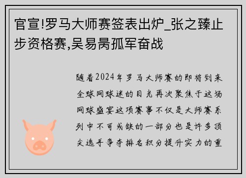 官宣!罗马大师赛签表出炉_张之臻止步资格赛,吴易昺孤军奋战